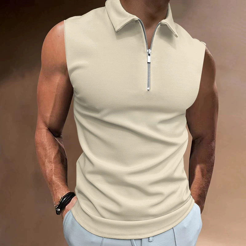 Men's Short Sleeve Polo Shirt with Modern Stand-Up Collar and Functional Zipper Lisslune