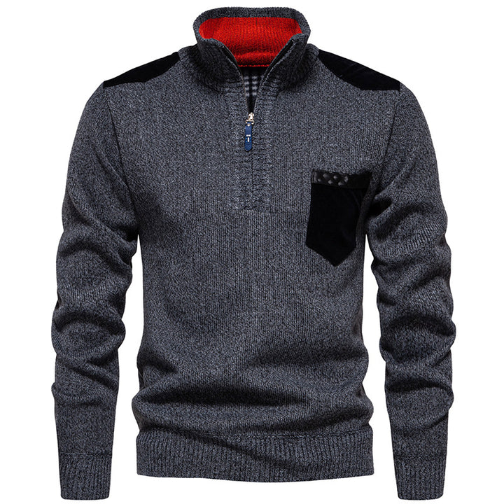 Men's Stand Collar Sweater with Contrasting Details and Practical Pockets Lisslune