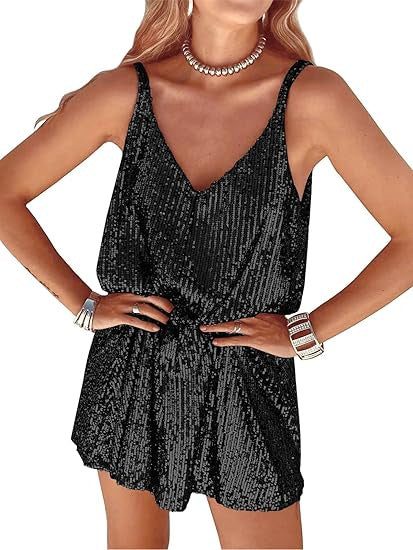 Women's Shimmering Jumpsuit with Deep V-Neck and Elastic Waist Lisslune