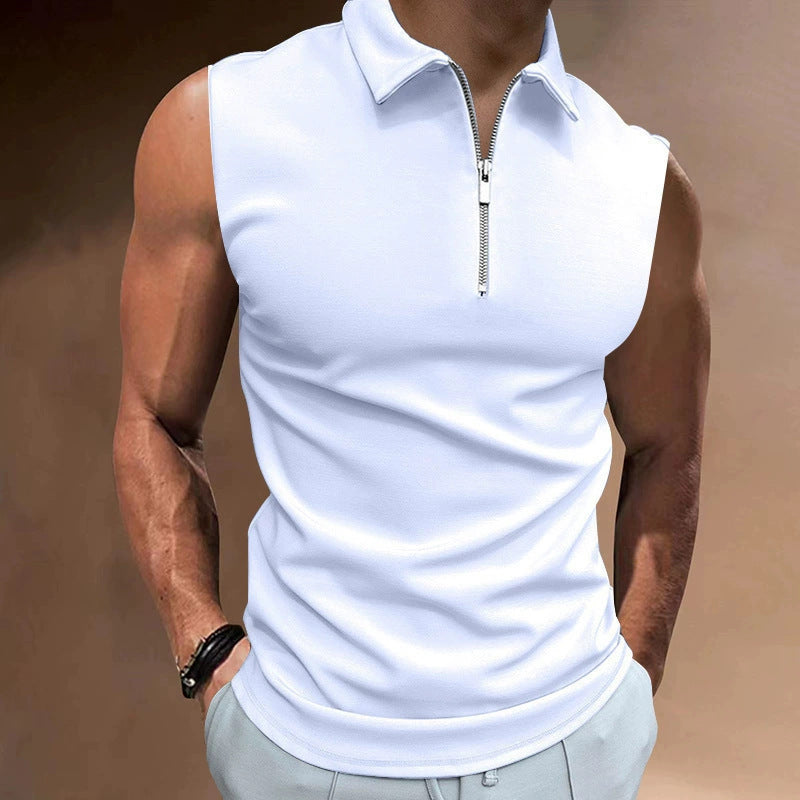 Men's Short Sleeve Polo Shirt with Modern Stand-Up Collar and Functional Zipper Lisslune