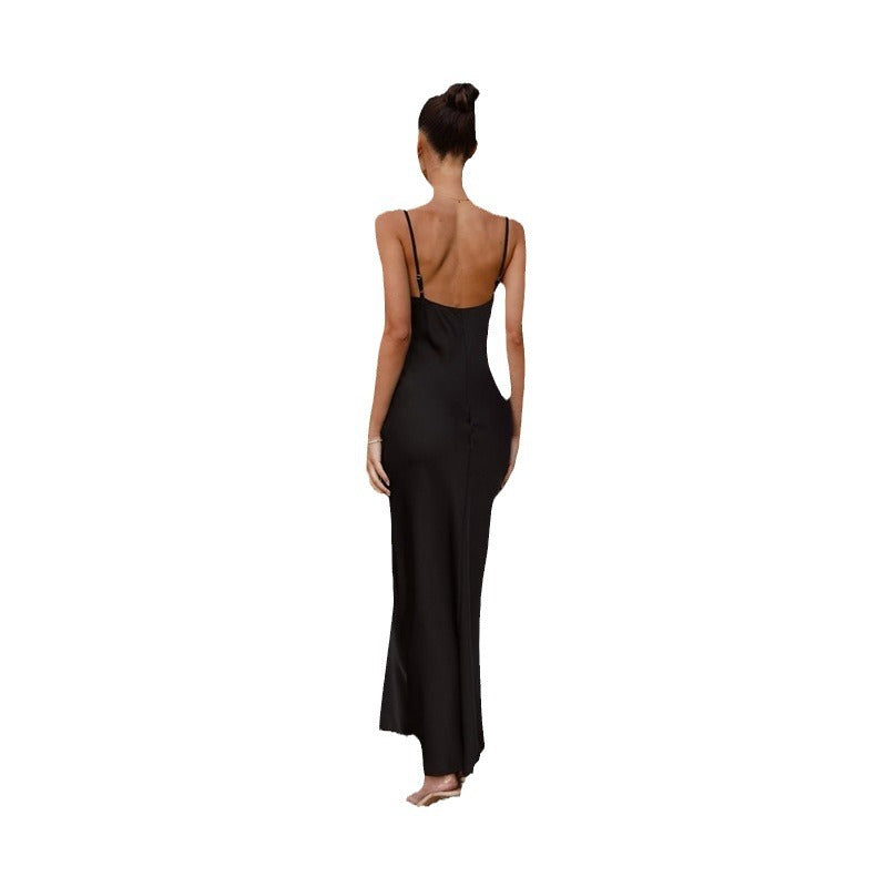 Women's Elegant, flowing maxi dress made of high-quality satin with spaghetti straps