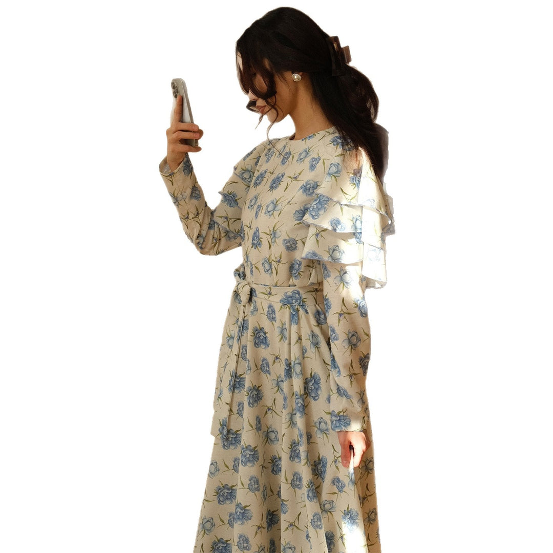 Women’s maxi dress with romantic ruffle design and floral details