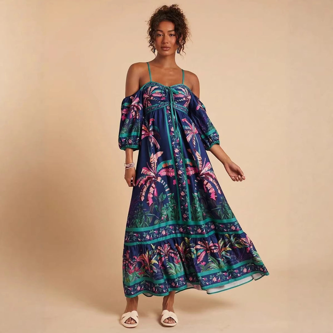 Women's maxi dress with off-shoulder design and tropical print Lune London