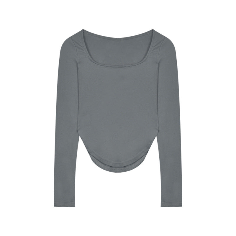 Women's long sleeve top with deep neckline and fitted silhouette