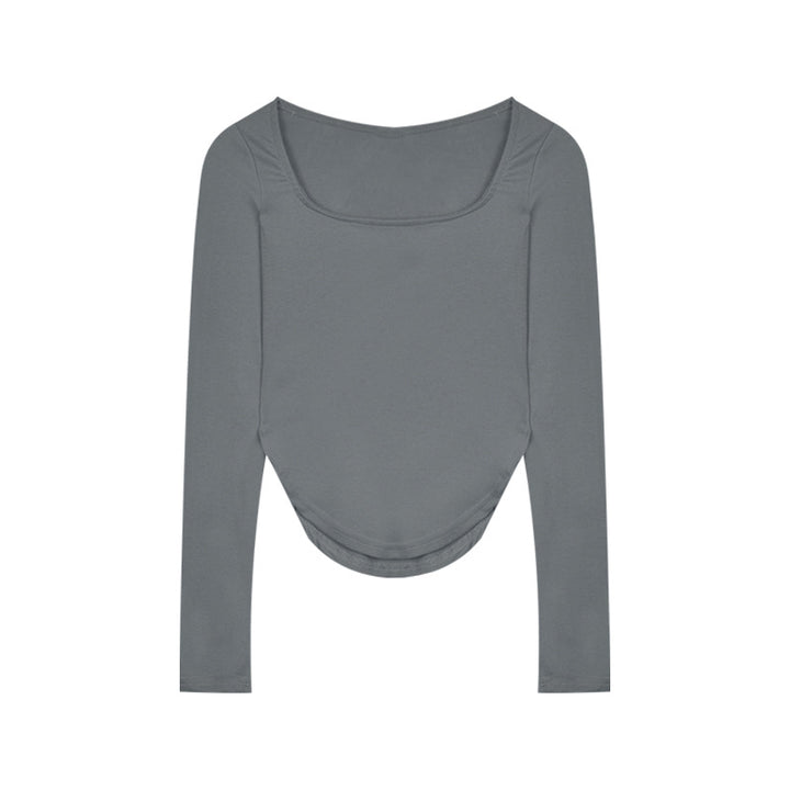 Women's long sleeve top with deep neckline and fitted silhouette