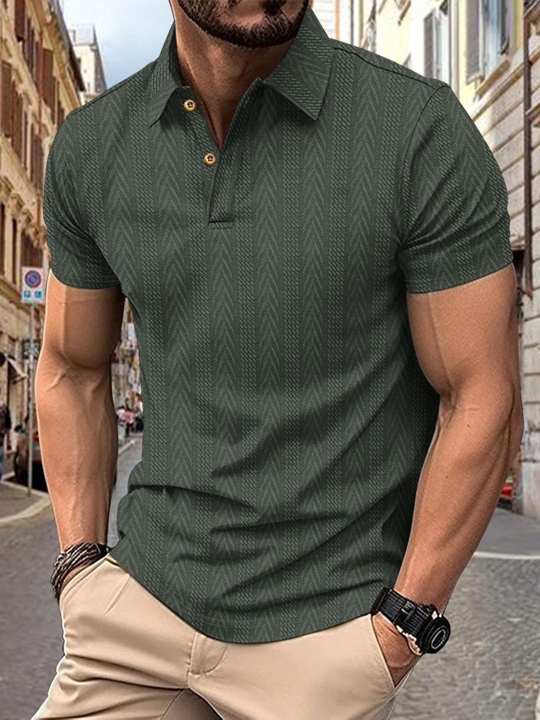 Men's Short Sleeve Polo Shirt with Textured Design and Elegant Button Placket Lisslune