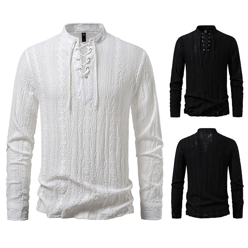 Men's long sleeve shirt with unique textured pattern and drawstring Lisslune
