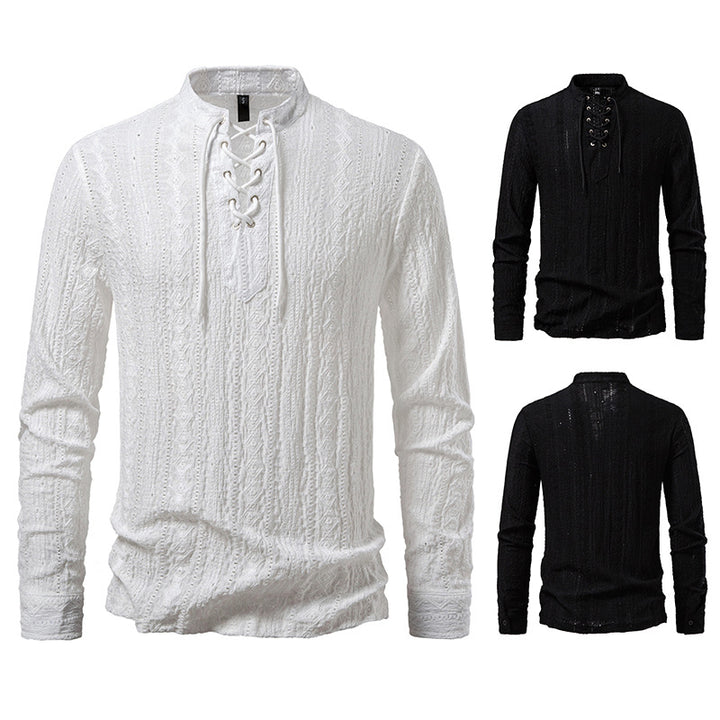 Men's long sleeve shirt with unique textured pattern and drawstring Lisslune