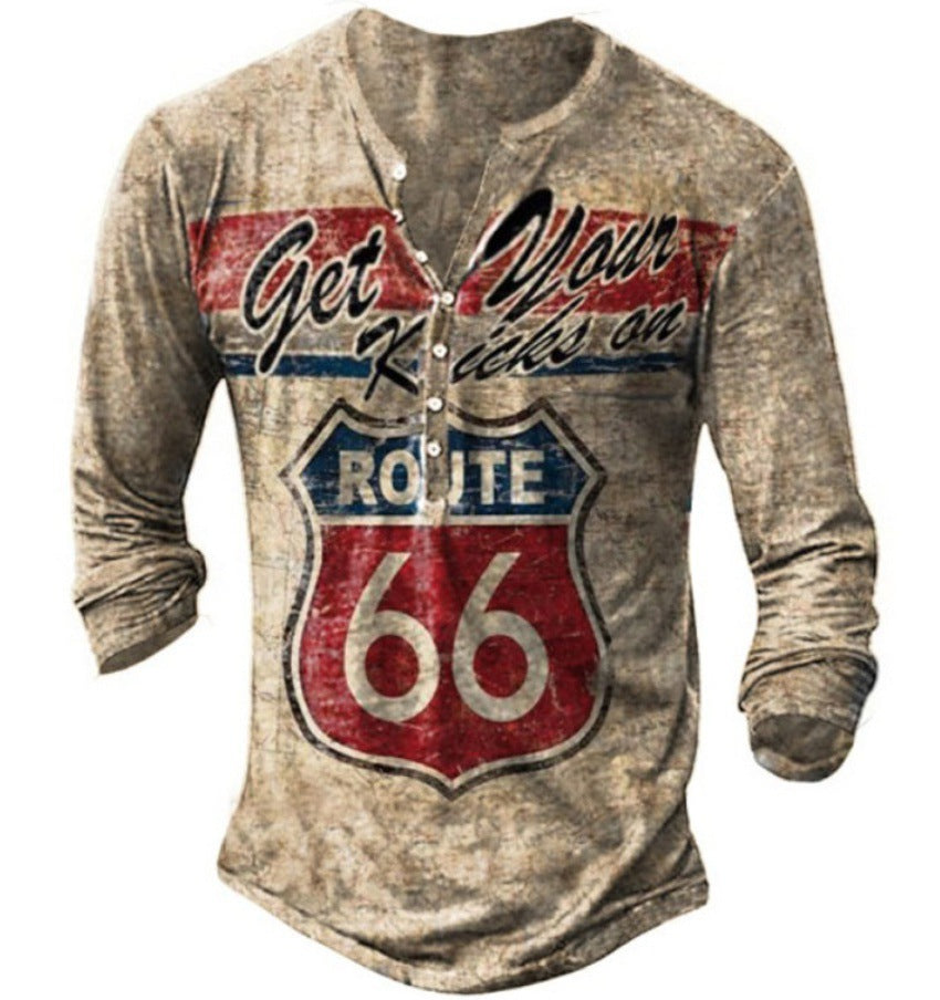 Men's Long Sleeve Henley Shirt with Creative Vintage Route 66 Print and High-Quality CottonBlend Lisslune