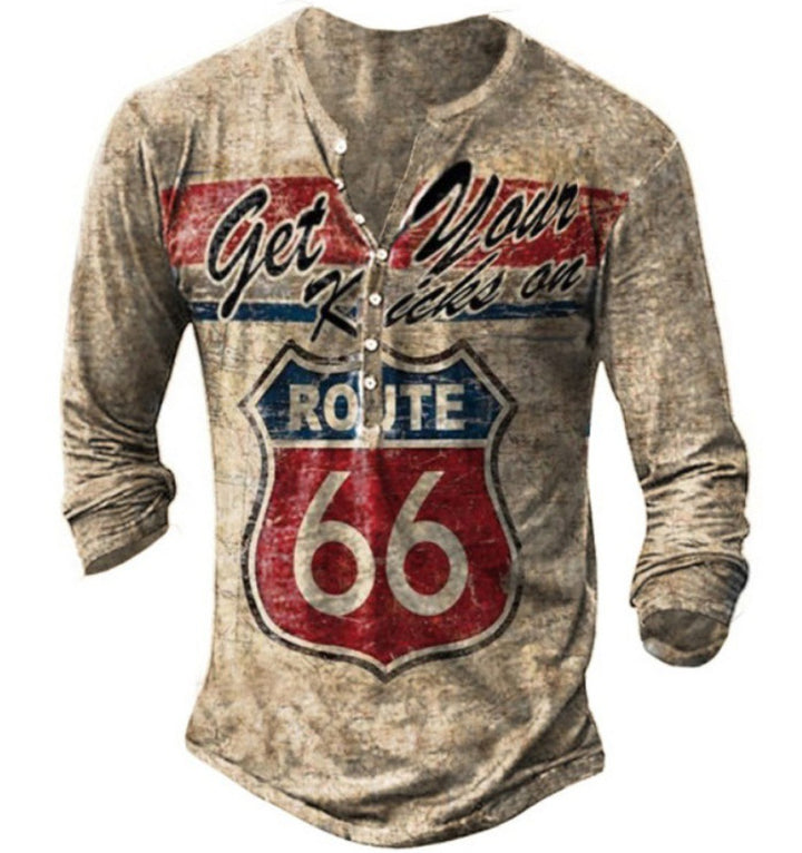 Men's Long Sleeve Henley Shirt with Creative Vintage Route 66 Print and High-Quality CottonBlend Lisslune