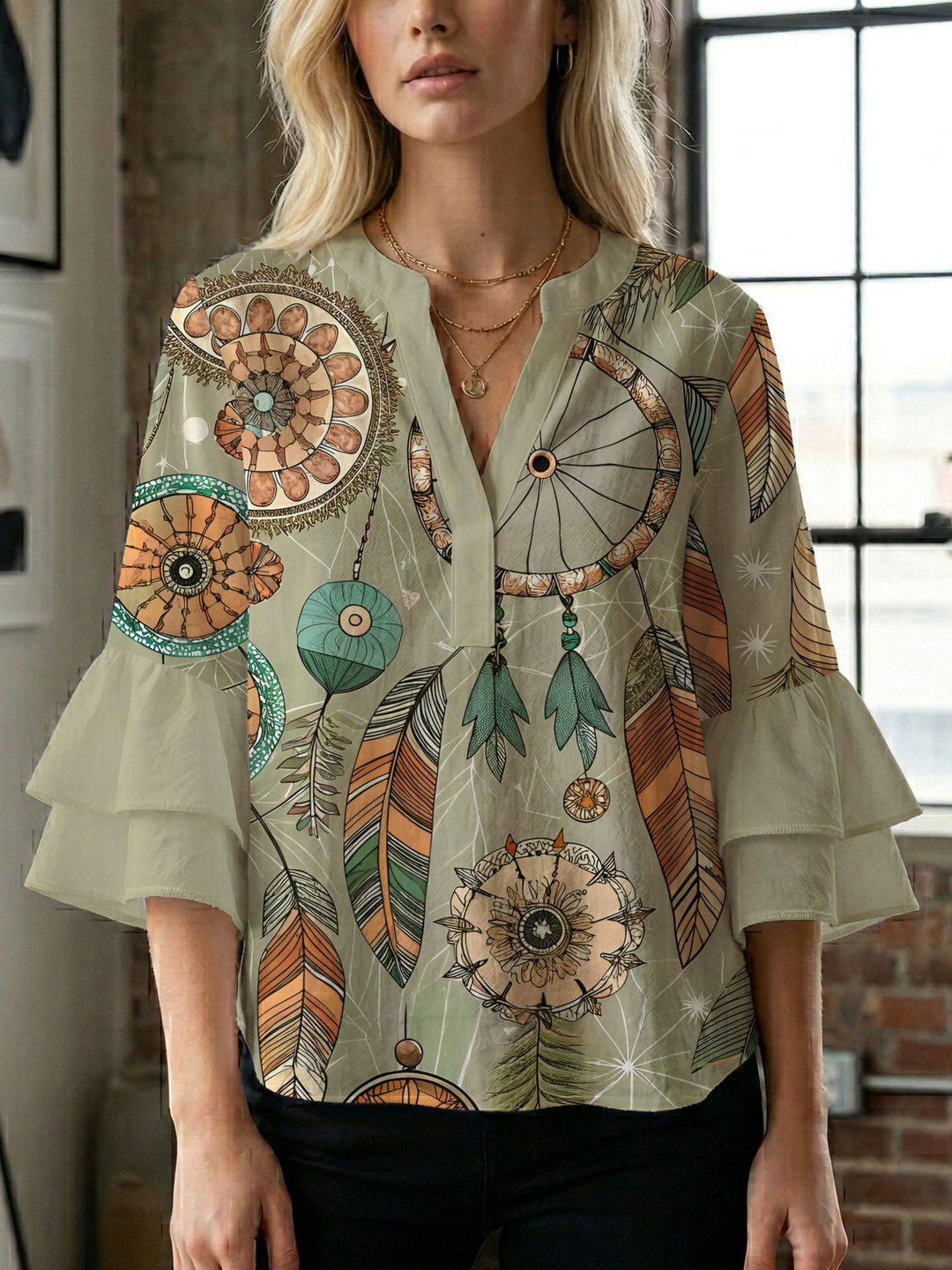 Women's blouse shirt with voluminous sleeves and creative print design Lisslune