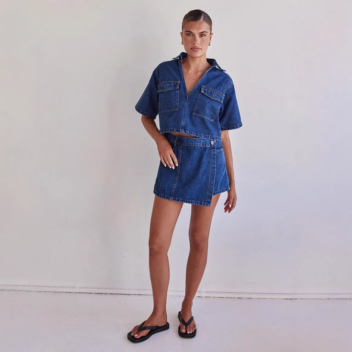 Women's denim short jacket with matching skirt in casual style Lisslune