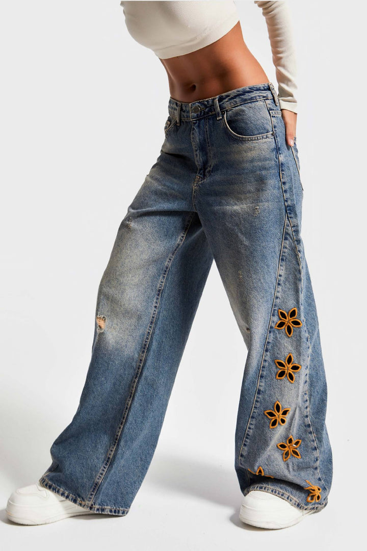 Damen weite Jeans mit floralem Stickdesign Lisslune