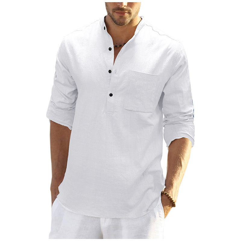 Men's linen shirt with classic Henley neckline and practical chest pocket Lisslune