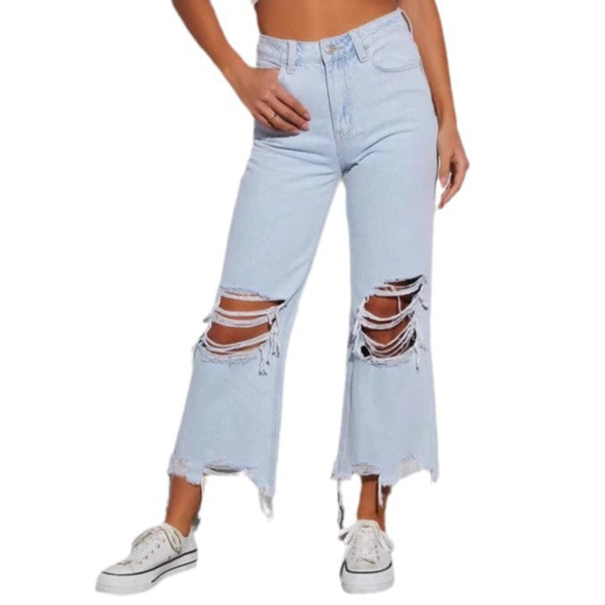 Ladies casual boyfriend jeans with eye-catching destroyed details and wide leg Lisslune