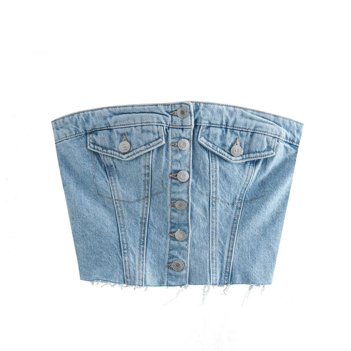 Women's Denim Bustier Top with Button Placket and Figure-Hugging Cut Lisslune