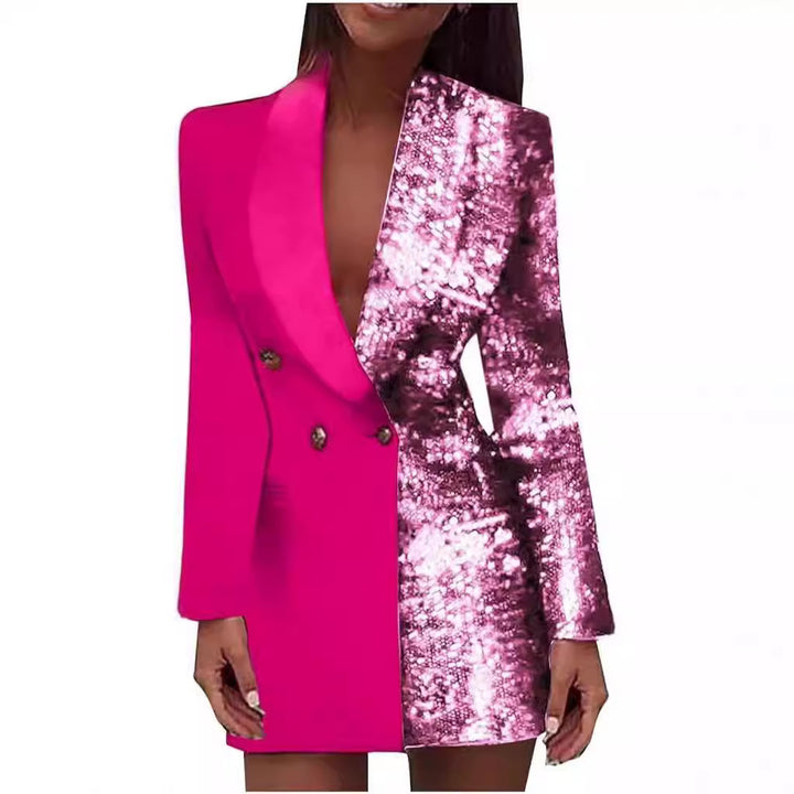 Women's Glamorous Blazer Dress with Shimmering Effect and Deep Neckline