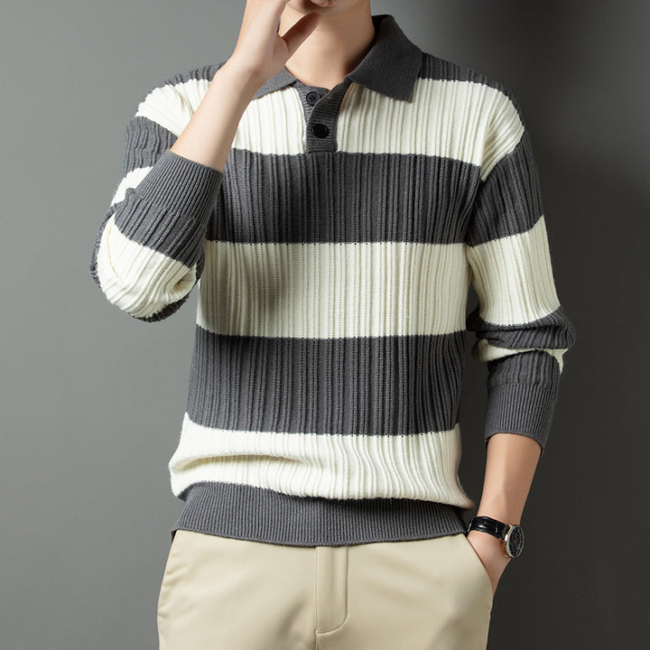 Men's Pullover with Textured Striped Pattern and Fashionable Collar Lisslune