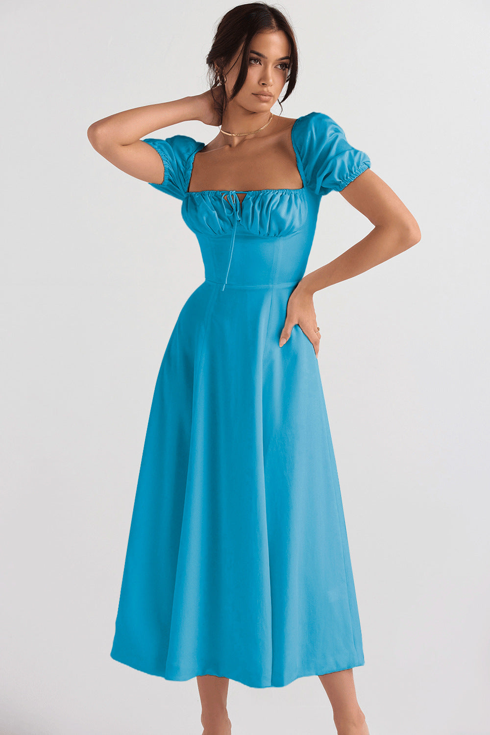 Women's midi dress with gathered bodice and flared skirt