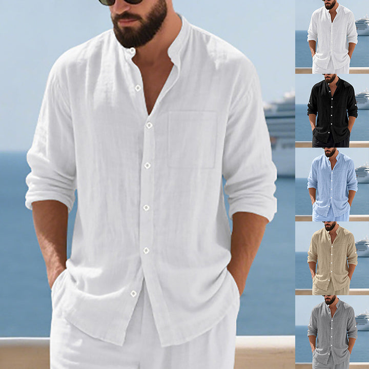 Men's linen shirt with modern stand-up collar and practical breast pocket Lisslune