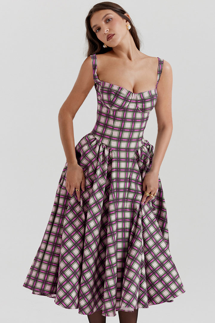 Women's midi dress in check pattern with textured bodice and voluminous skirt Lisslune