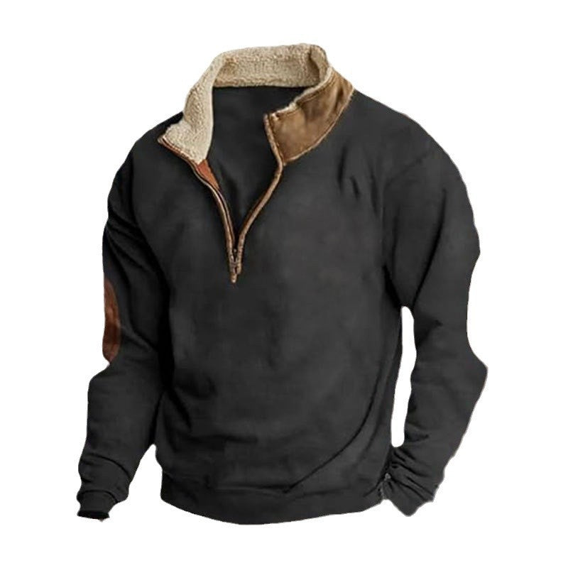 Men's sporty fleece pullover with contemporary stand-up collar and fashionable synthetic leather applications Lisslune