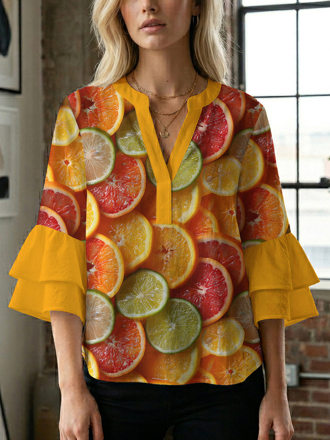 Women Elegant Top with Voluminous Puff Sleeves and Floral Print Lisslune