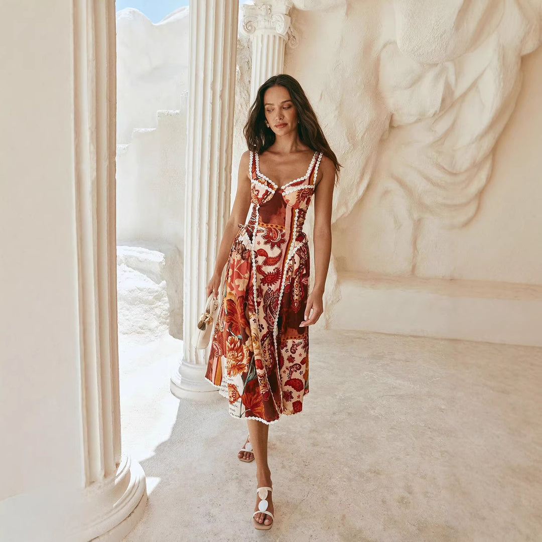 Women's midi-maxi dress with playful patchwork design and ruffle details