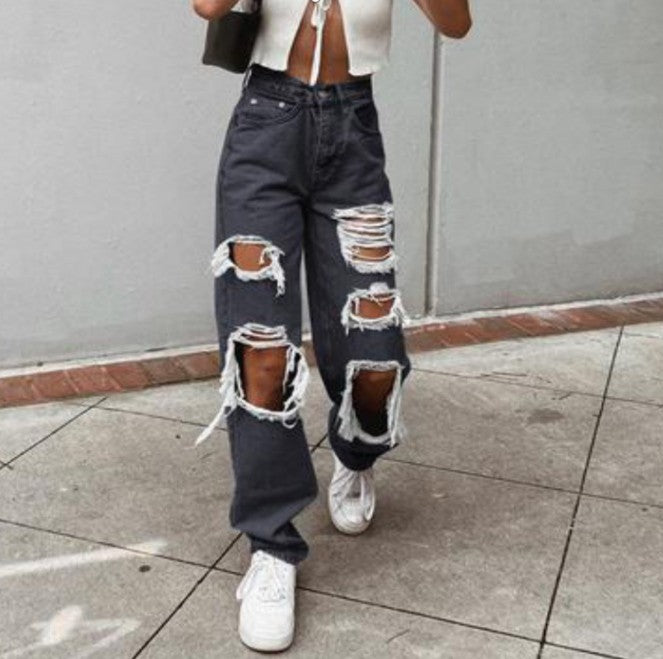 Ladies Casual Destroyed Jeans with Wide Leg Lisslune