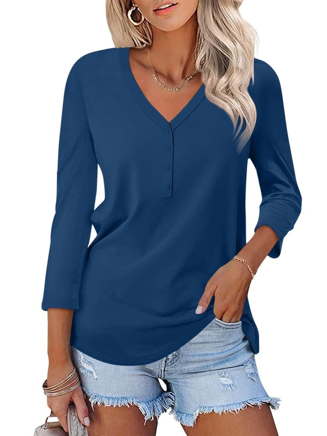 Women Long Sleeve Shirt with Button Placket and V-Neck Lisslune