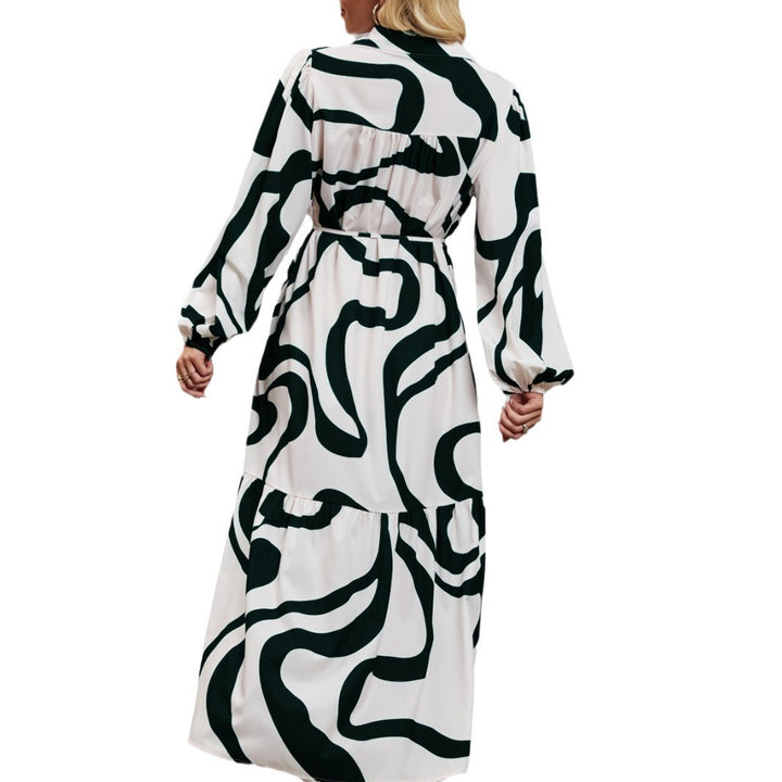 Women's Long Sleeve Dress with Sophisticated Graphic Design and Elegant Waist Belt Lisslune