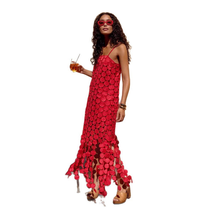Women's maxi dress with decorative crochet applications and side slits Lisslune