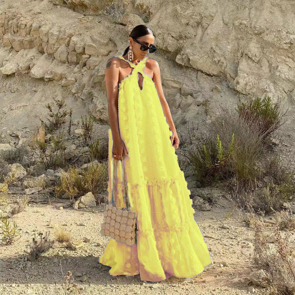 Women's maxi dress with playful ruffle details and floral pattern