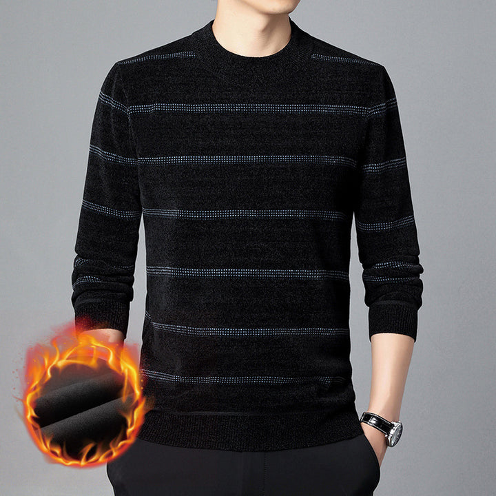 Men's elegant crew neck sweater with fine stripe pattern and warming inner lining Lisslune