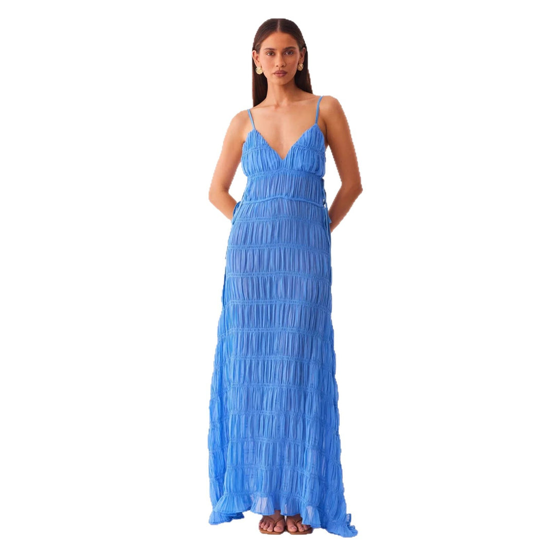 Women’s maxi dress with sophisticated ruffle design and deep V-neck