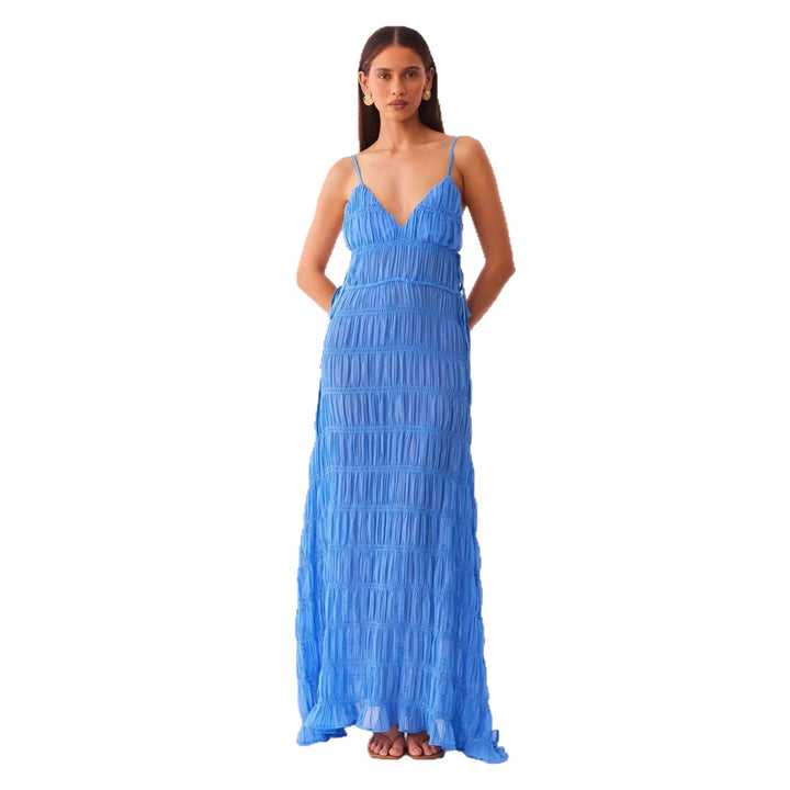 Women’s maxi dress with sophisticated ruffle design and deep V-neck