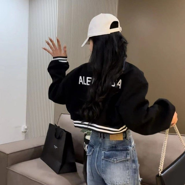 Women's casual cropped bomber jacket with contrasting stripes and snap buttons Lisslune