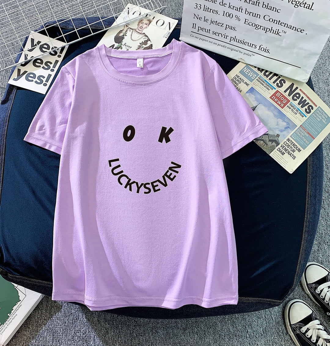 Women's fashionable t-shirt with casual smiley print and high-quality cotton quality Lisslune