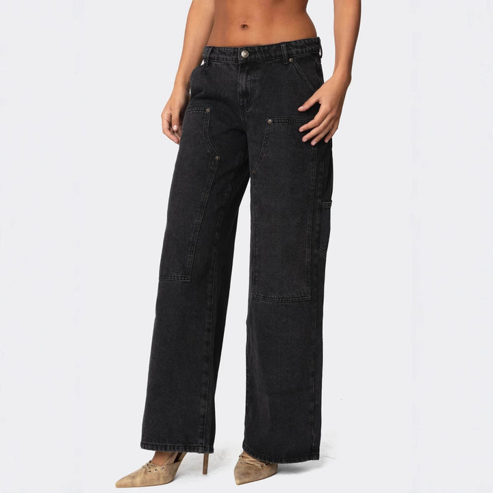 Women's Wide Cut Utility Jeans with Practical Pockets and High Waist