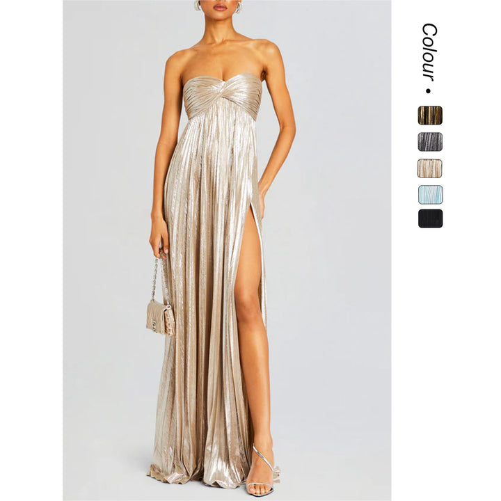 Women's evening dress with off-shoulder design and elegant slit Lune London
