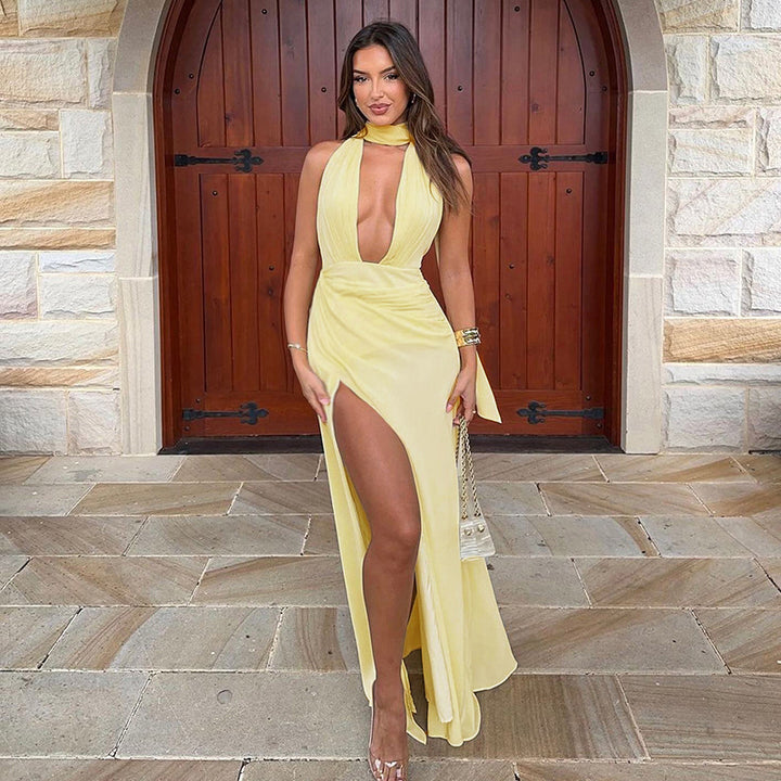 Women's Elegant Maxi Dress with Deep V-Neck and High Slit