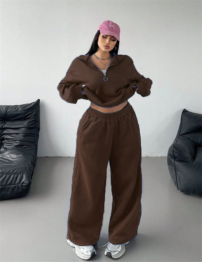 Women's sporty fleece loungewear set with high collar and loose fit Lisslune