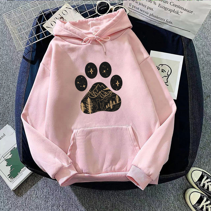 Ladies hoodie with creative paw print design and mountain landscape Lisslune
