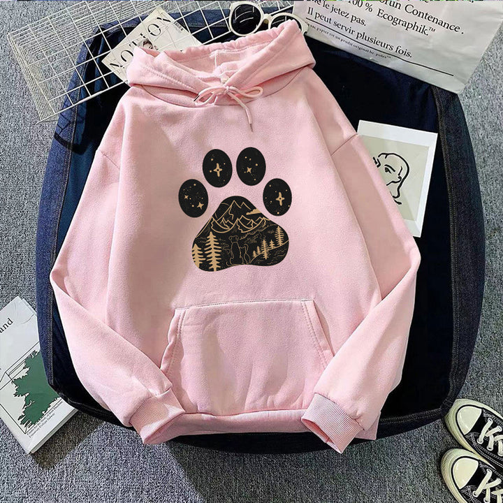 Ladies hoodie with creative paw print design and mountain landscape Lisslune