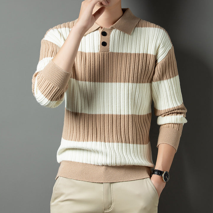Men's Pullover with Textured Striped Pattern and Fashionable Collar Lisslune