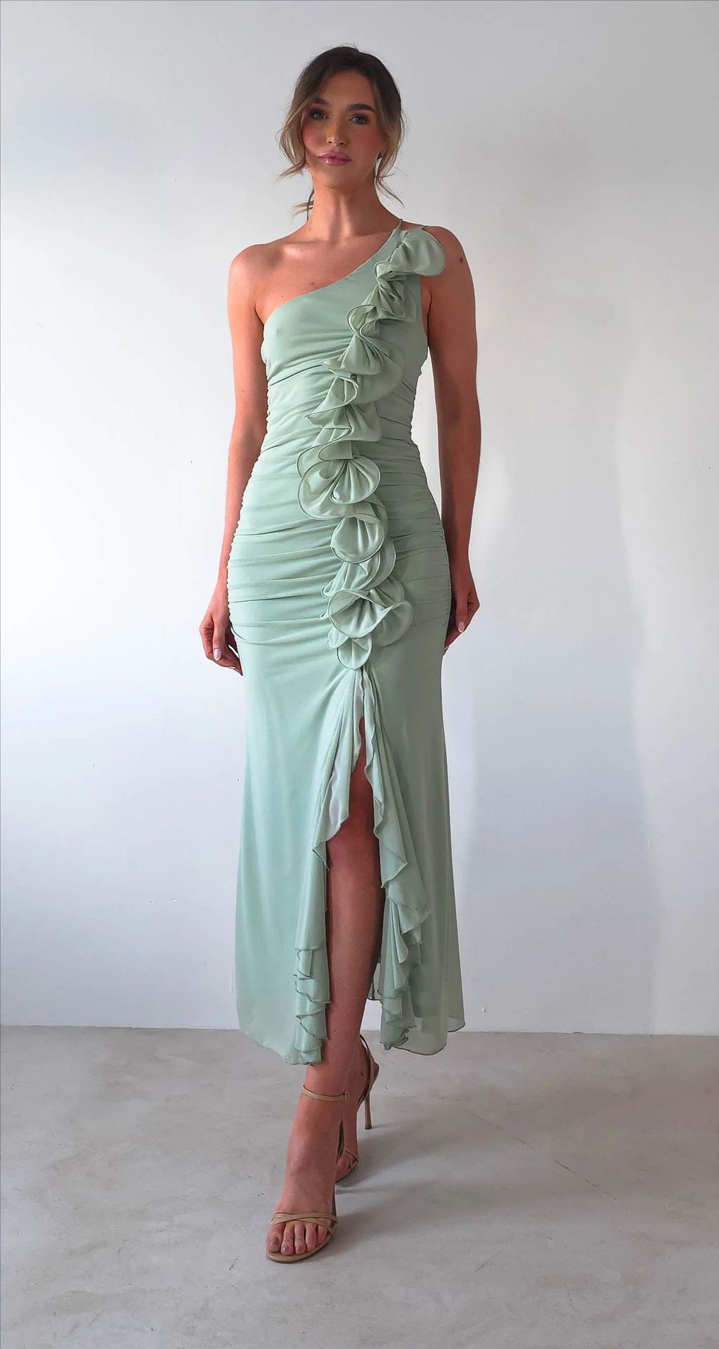 Women Elegant Ruffle Maxi Dress in the Style of a Side with High Slit Lune London