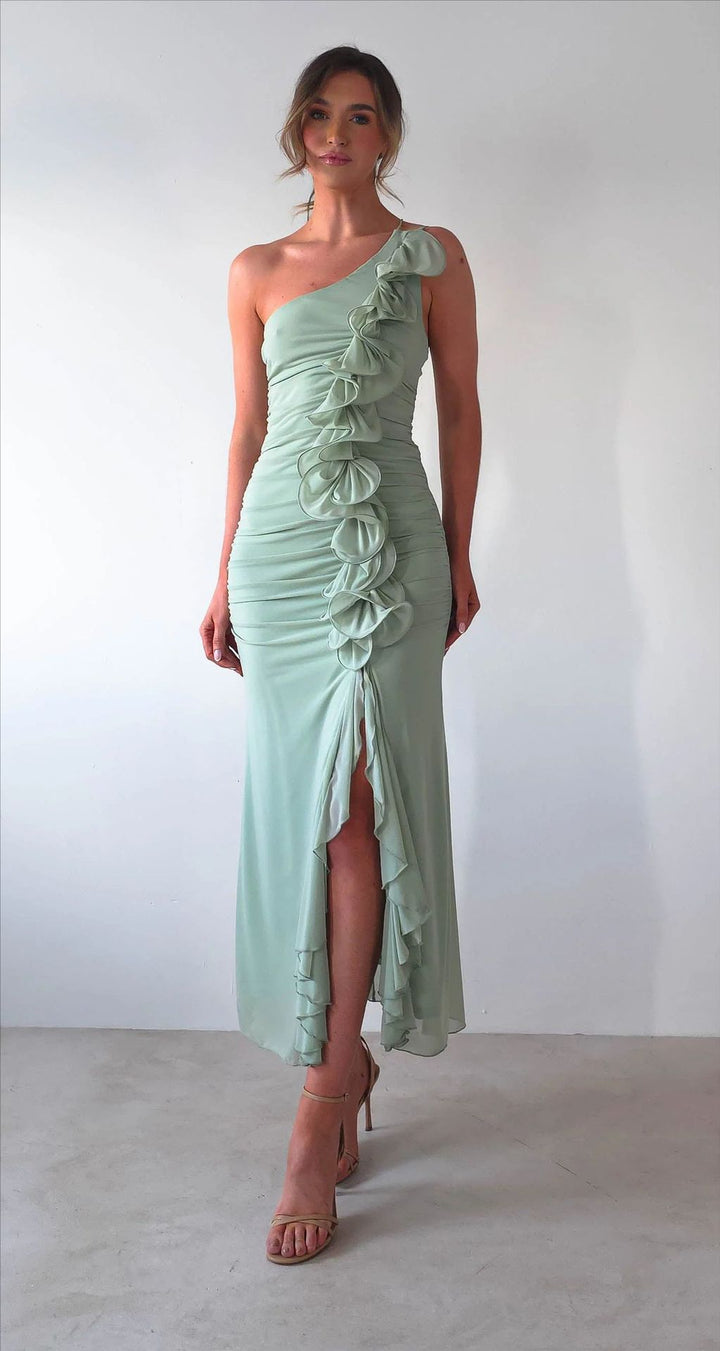 Women Elegant Ruffle Maxi Dress in the Style of a Side with High Slit Lune London