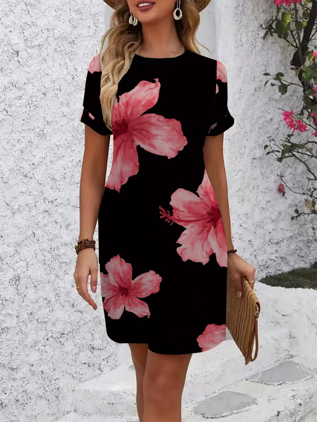 Women's casual short-sleeve dress with modern houndstooth pattern and comfortable fit Lisslune
