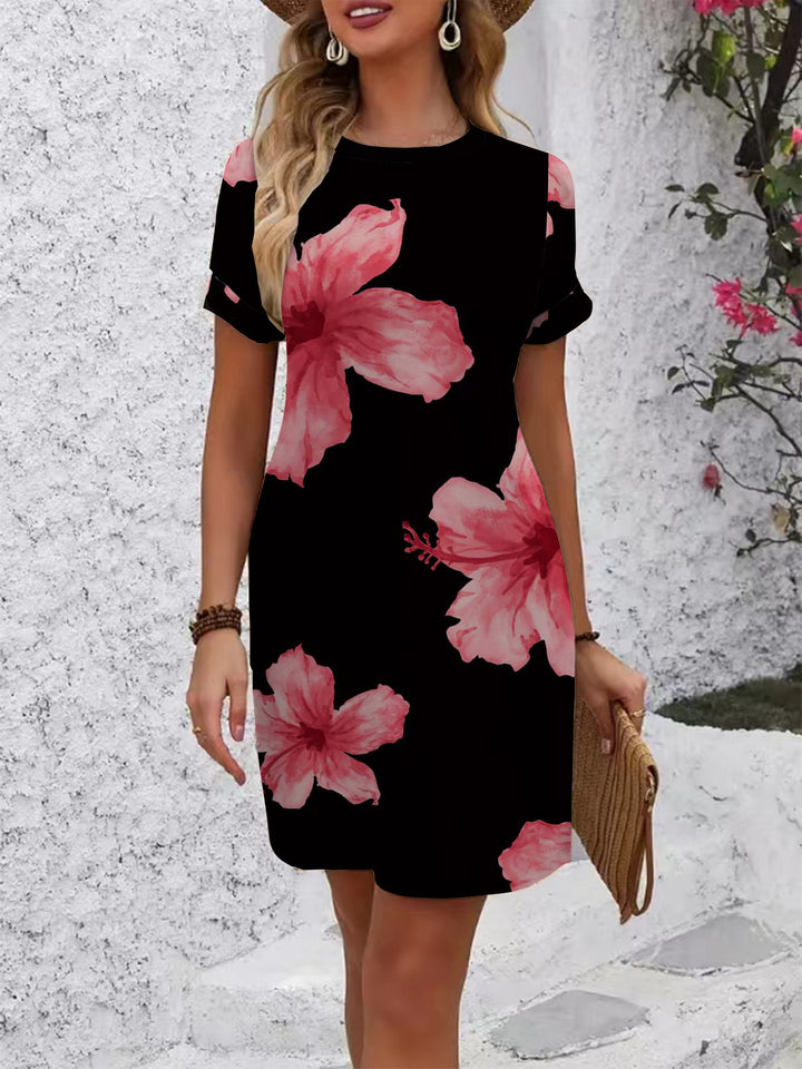 Women's casual short-sleeve dress with modern houndstooth pattern and comfortable fit Lisslune