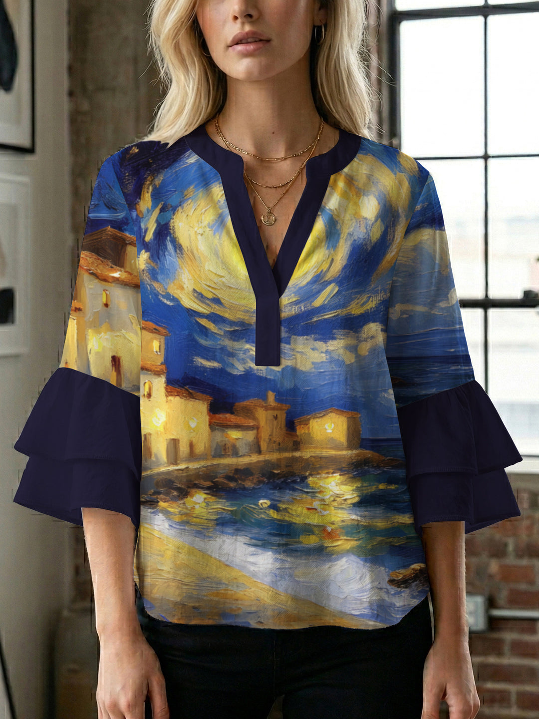 Women's casual blouse with ruffled sleeves and botanical print Lisslune